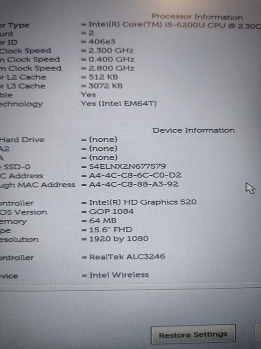 Лаптоп Dell Latitude 5580 I5 6th /12Ram/256m2/