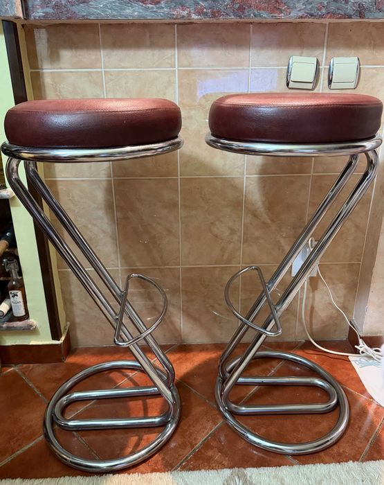 Set doua scaune de bar Zeta din otel inoxidabil si piele ecologica maro