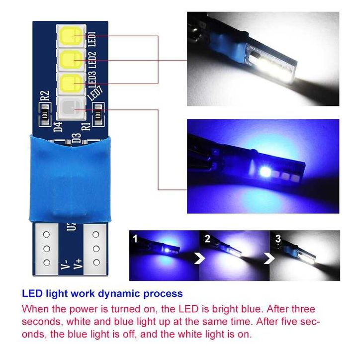 Becuri led T10 W5W Dual color ( albastru si alb ) 12V  set de 2 bucati