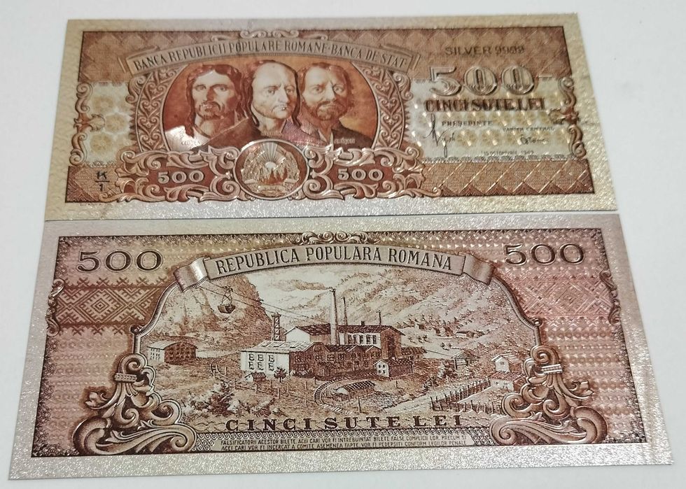 500 Lei 1949-Lot 5 bucăți-Horea Cloșca Crișan-Silver Edition-bancnote ornamentale / suveniruri / educaționale placate argint 999‰