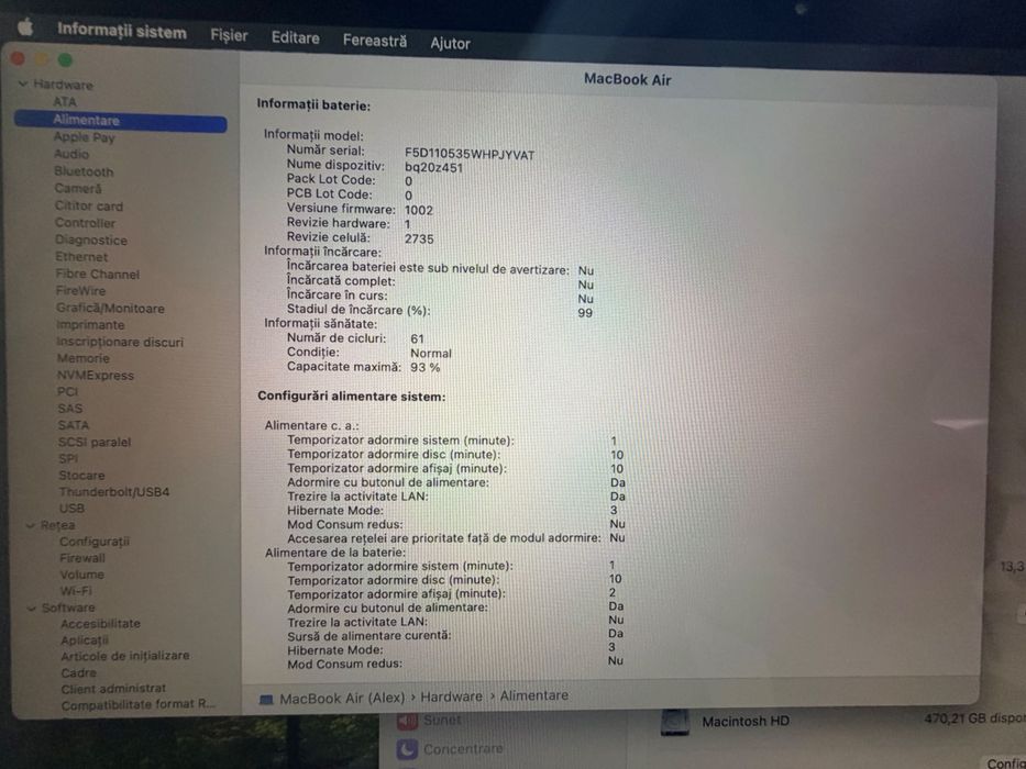 Vând schimb MacBook Air M1, 2021, 512 GB, factura, impecabil