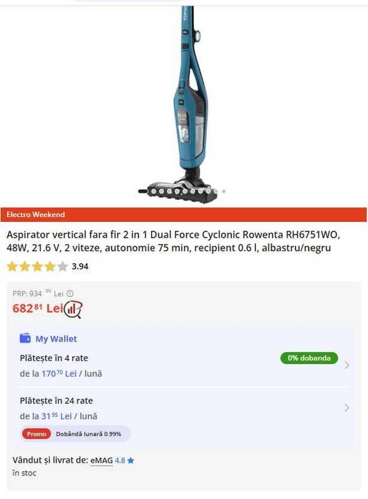 Aspirator vertic Rowenta Dual Force RH6751WOvert 2in1 GARANTIE 09.2027