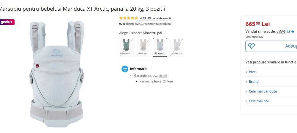 Marsupiu  bebelusi Manduca XT Arctic, pana la 20 kg, 3 pozitii ca nou