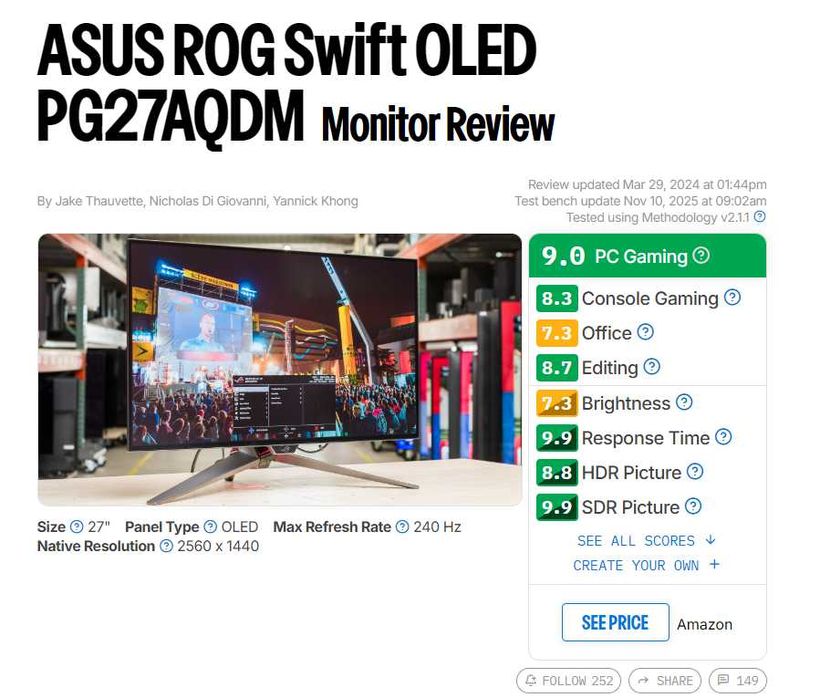 ASUS ROG Swift PG27AQDM OLED 27” 1440p 2K 240Hz Gaming Monitor