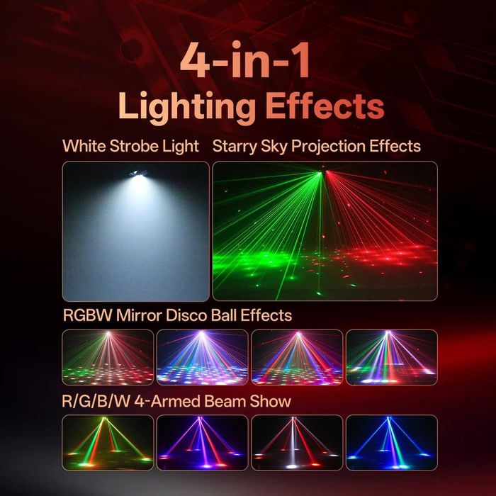 LED Disco Stroboscop 120 W, lumină de scenă cu telecomandă, lumină LED RGBW pentru petrecere cu 4 brațe luminoase, efect stroboscopic, DMX512,