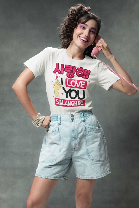 Дамска памучена тениска с щампа "Salanghae" на Корейски