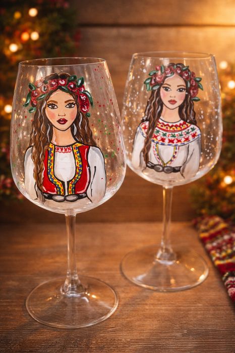рисувани  чаши, моми, български, фолклорни, традиционни