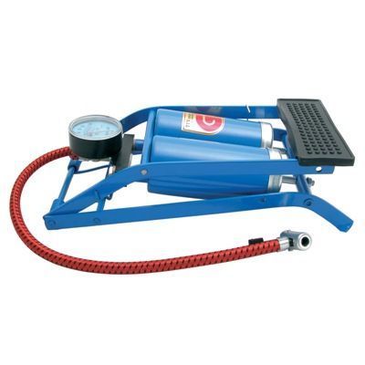 Pompa aer auto Carpoint de picior dubla cu 2 cilindri si manometru, 7 bar 100psi, model albastru