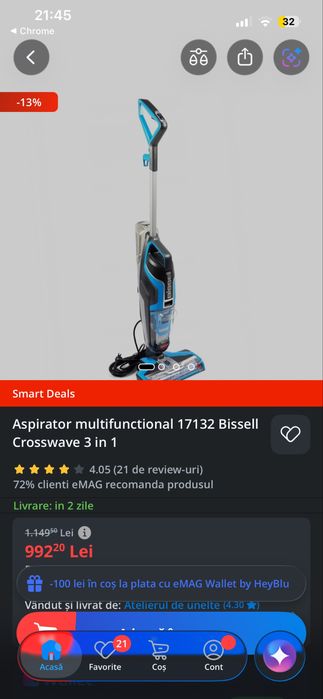 Vând aspirator Bissell CrossWave 17132 – 560W