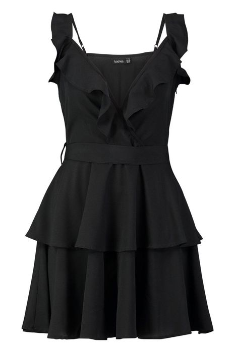 Rochie nouă, cu etichetă BOOHOO, de seară, scurtă, volane, cordon, 36