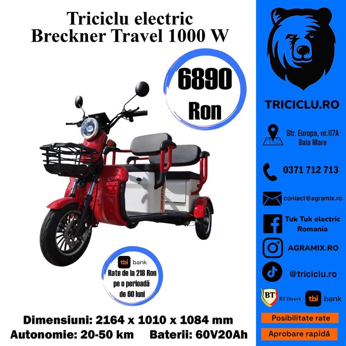 Tuk-tuk BRECKNER TRAVEL-2 triciclu electric cu CIV fara permis Agramix