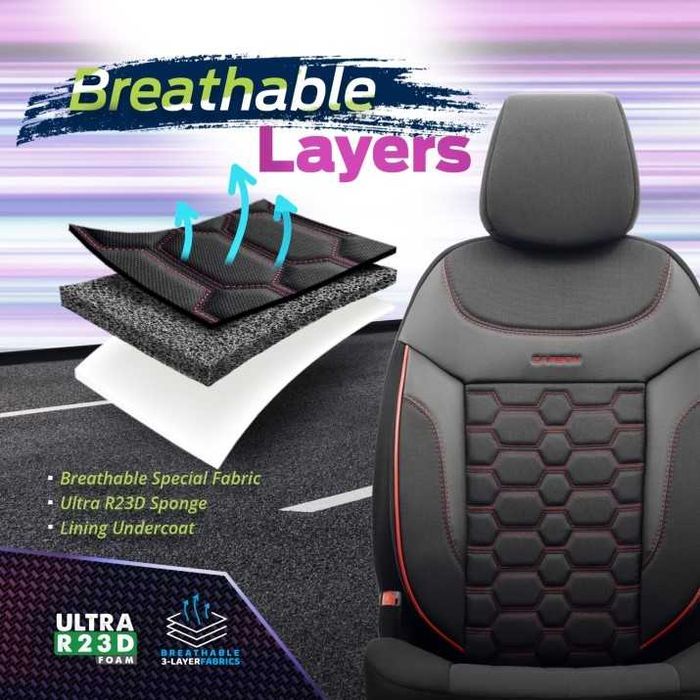 К-т Луксозна Тапицерия Automat-OTOM, Черна с червен шев, CARBON Design