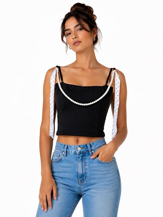 Елегантен дамски crop top с перли и панделки – черен