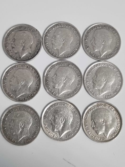 Lot 9 monede Anglia Marea Britanie 9x 3 pence 1912-1920 argint