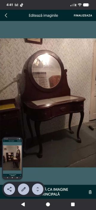 Masa machiaj/Toaleta lemn masiv interbelică Art Deco oglindărabatabila