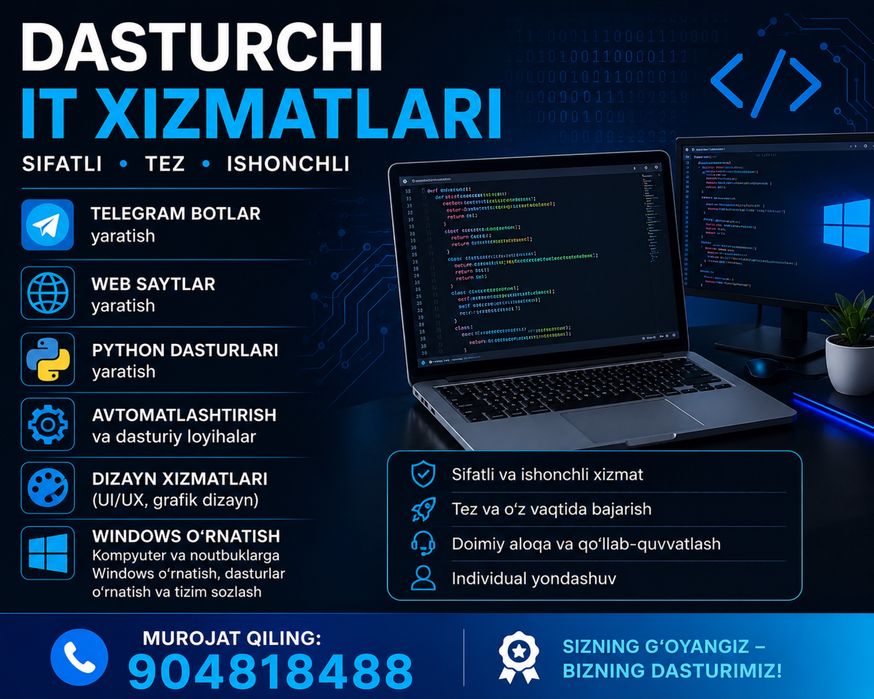 Dasturchi xizmatlari | Telegram bot | Web sayt | Windows o‘rnatish