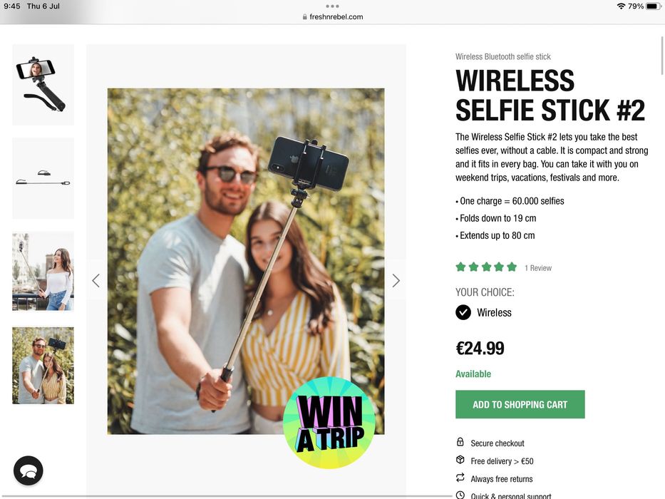 Селфи стик Fresh N Rebel - Wireless Selfie Stick 2, черен