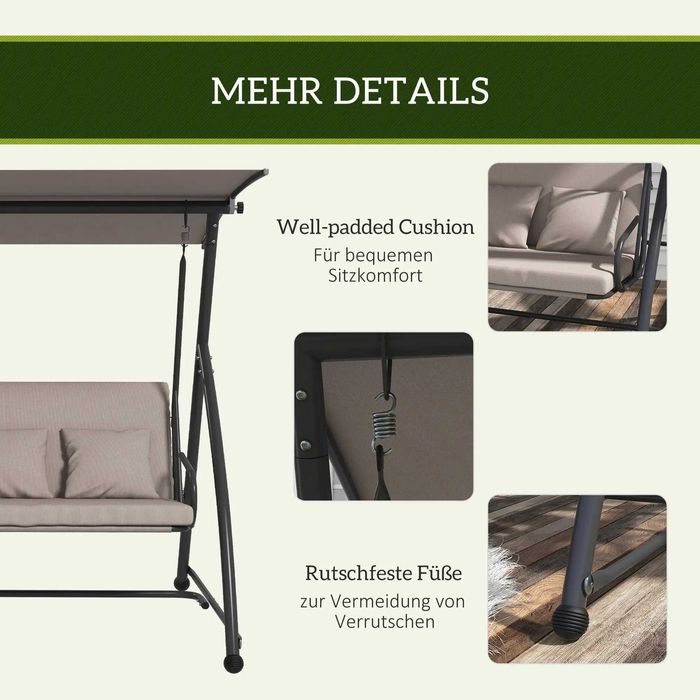 Градинска люлка Outsunny 2 в 1 с функция за накланяне, 3-местна