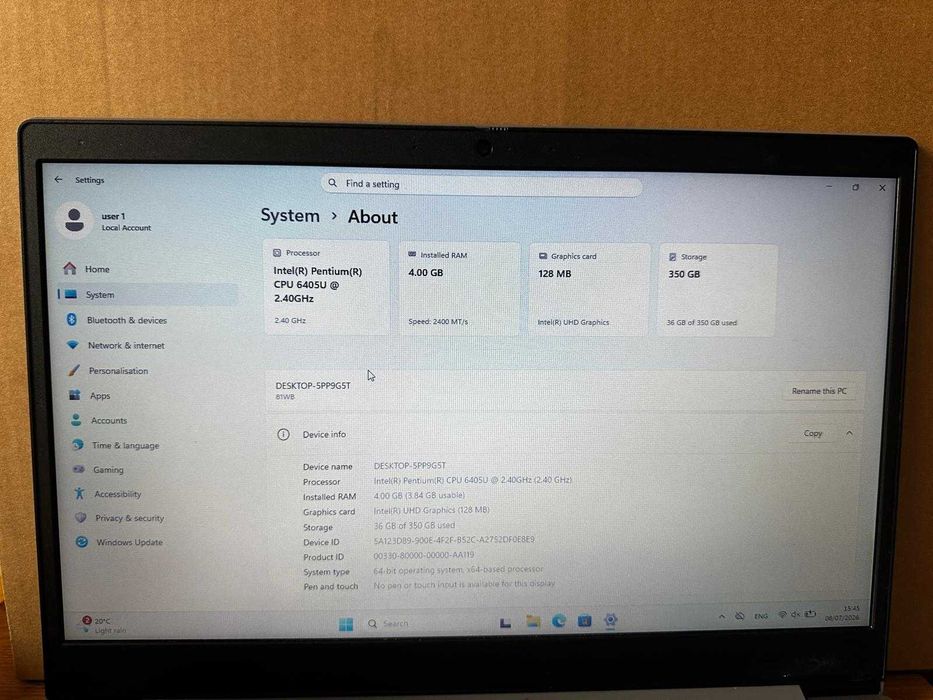 Laptop Lenovo IdeaPad Slim 3 Gri Argintiu | Intel Pentium Gold 6405U | SSD 384 GB | Cutie + Încărcător | Stare Impecabilă