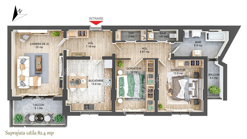 Apartament cu 3 camere decomandate 2 bai 2 balcoane in Sibiu