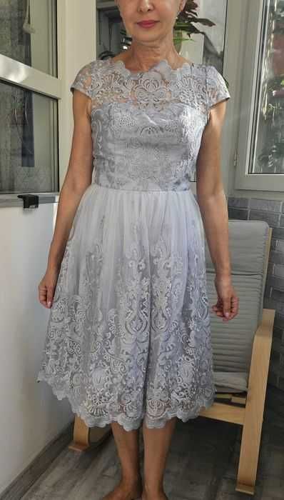 Rochie A-Line, Gri,Dantela,Lungime medie, mâneca scurta,cu sutien/cupe