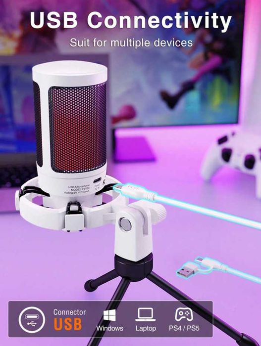 Mикрофон FIFINE A2 с RGB подсветка + стойка, USB Type-C, Бял