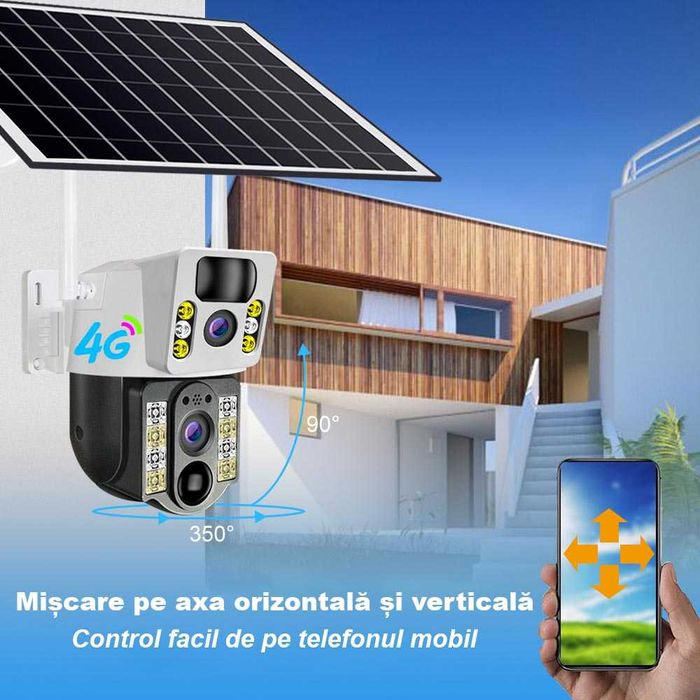 Camera de Supraveghere cu SIM 4G si Lentile Duble, Panou solar, 64GB