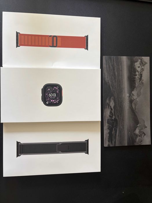 Apple Watch Ultra 3, 49mm Black Titanium Case + 2 Apple bands + 2 protective metal cases + new screen protector
