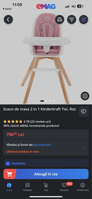 Scaun copii  roz / Scaun de masa roz bebelusi