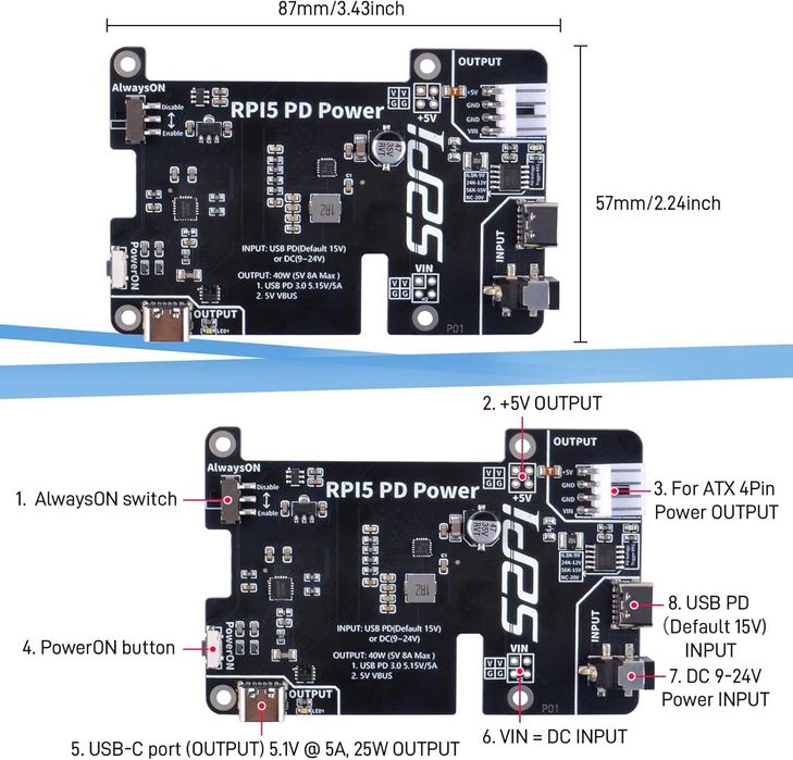 Placă expansiune GeeekPi PD Raspberry Pi 5 8GB 4GB,switch always-on