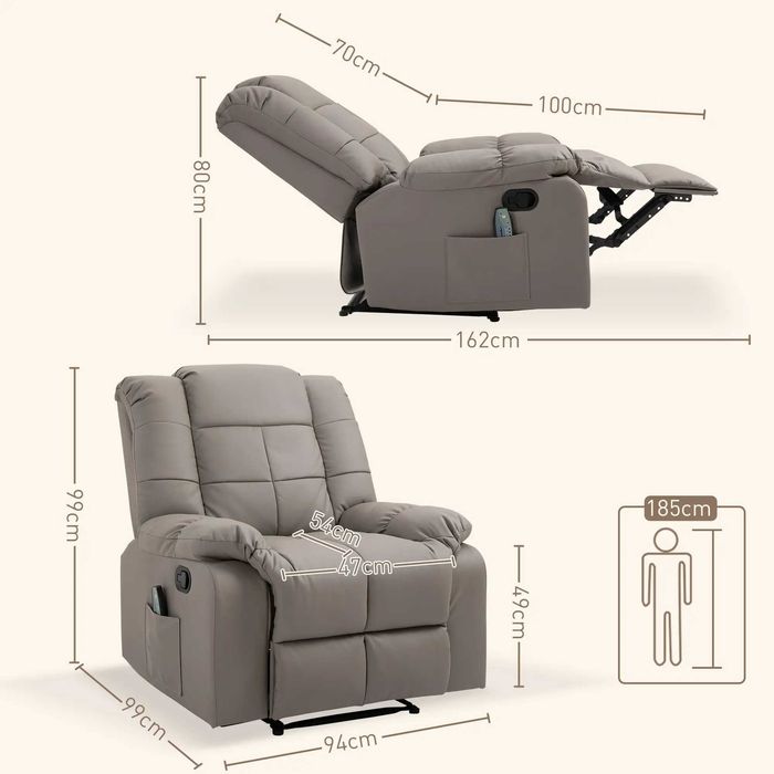 Fotoliu de Relaxare cu Masaj , din piele artificiala, Gri , HOMCOM