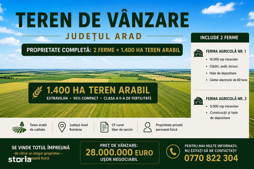 Vand Ferma Agricolă cu Teren Agricol 1400 hectare in Judetul Arad.