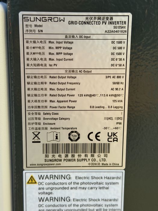 Invertor Fotovoltaic Sungrow SG125HX 125kW Trifazat 1500V Industrial Nou Fără Ambalaj