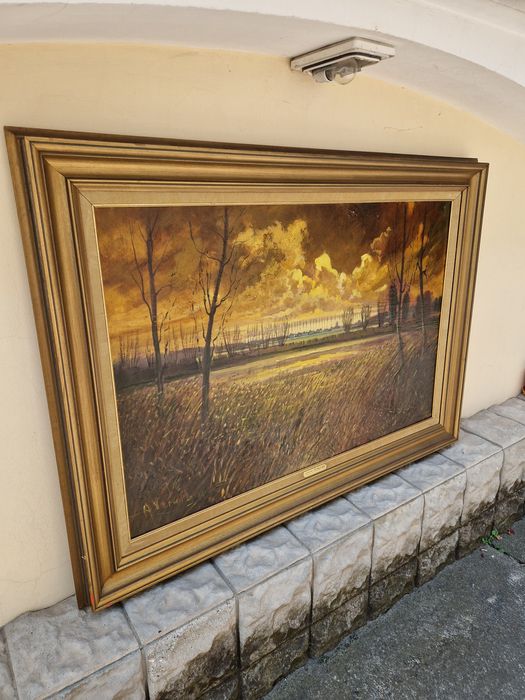 Огромна антикварна авторска картина масло върху платно