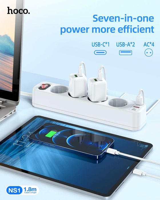 Hoco NS1 Сетевой фильтр PD 20W+QC 3.0 Type-C / USB Output 2+18W