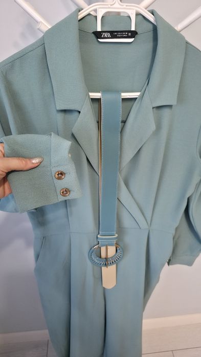 Salopeta eleganta Zara, verde/turcoaz, curea, marimea S