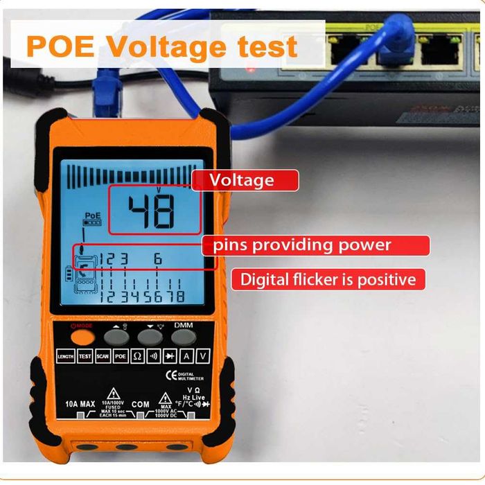 Tester Profesional de Cabluri K618 cu Ecran LCD, Detectare POE, Măsurare Lungime și Funcție Multimetru