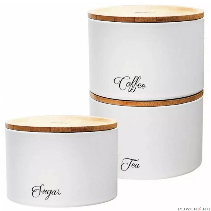 Recipiente pentru cafea, ceai, zahar, din inox-bambus, albe, Klausberg