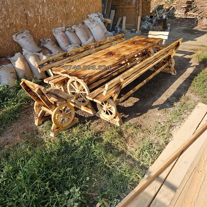 Set masa cu scaune  bănci  lemn masiv terasa foișor