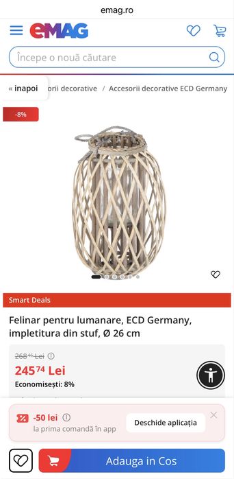 Felinar pentru lumanare, ECD Germany, impletitura din stuf, Ø 26 cm
