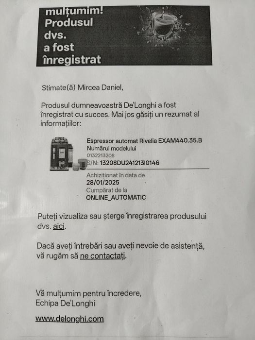 Espresor DeLonghi Rivelia Garanție 1 An Impecabil 18 Bari