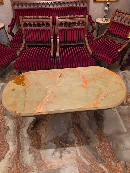 Masă de salon, vintage cu blat din onix și picioare din bronz masiv