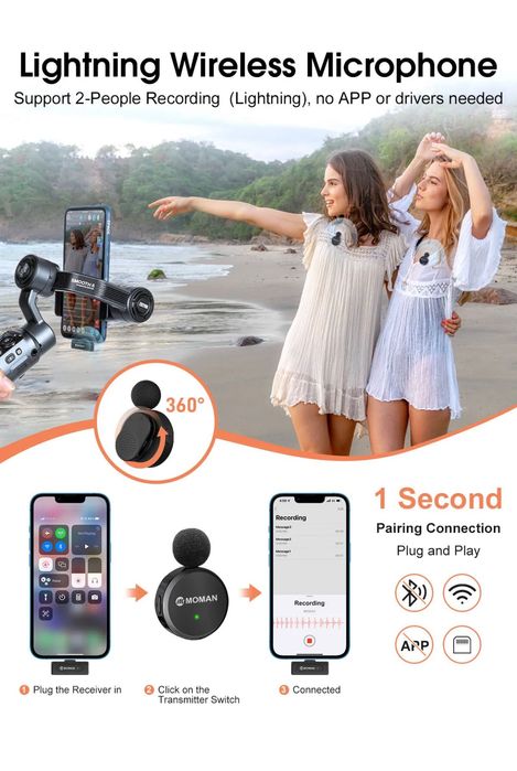 Безжичен микрофон. MOMAN. микрофон.TYPE C,IOS. Брошка. Подкаст. Видео.