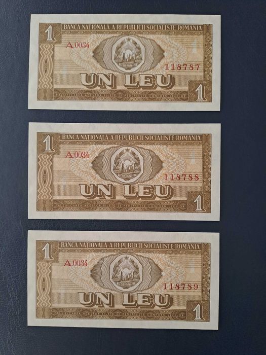 Lot 3 x 1 leu 1966, UNC, serie A, numere consecutive
