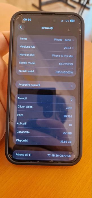 iPhone 15 Pro Max 256 GB – Impecabil, fără defecte, husă + folie