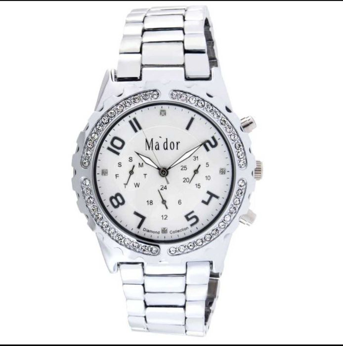 Чисто нов дамски часовник Ma'dor, сребърен с диаманти
