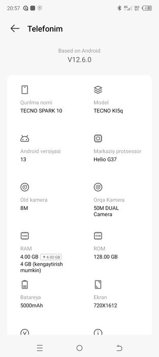 texno spark 10 smartfon 128\4+4gb xolati ideal