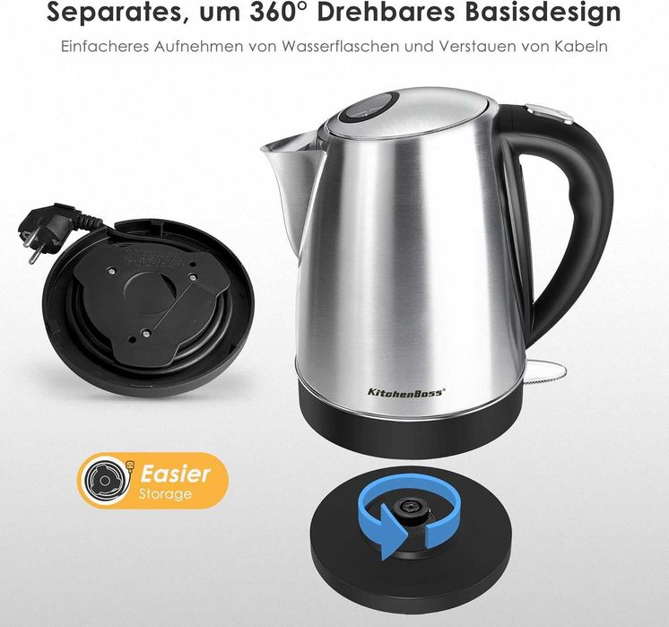 Електрическа кана KitchenBoss от неръждаема стомана 1.7 л: Електрическа кана 2100 W, с подвижен филтър, индикатор за нивото на водата