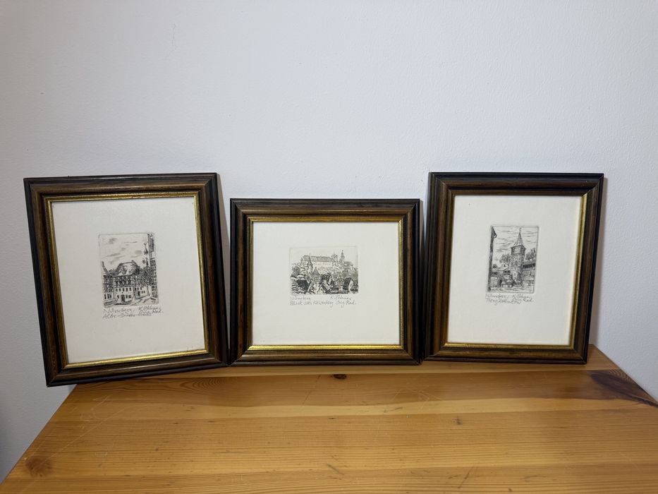 Set 3 gravuri originale acvaforte Nürnberg înrămate, K. Pohner