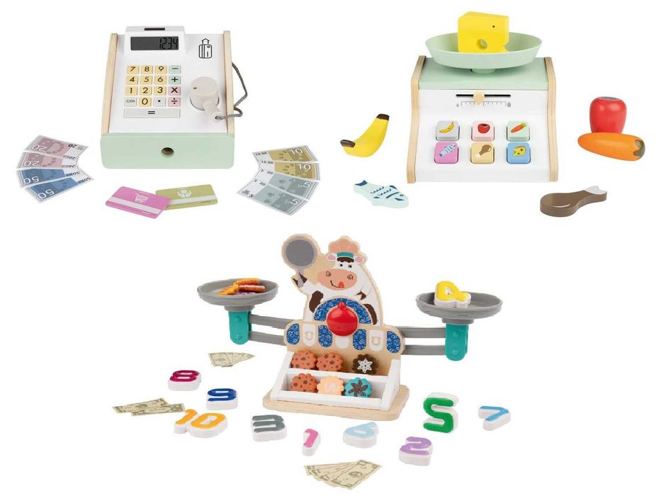 Детски дървен Касов Апарат със Скенер Кантар Везна с аксесоари 2 вида